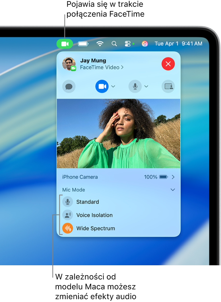 Centrum sterowania w prawym górnym rogu ekranu Maca. Widoczny jest przycisk wideo (wyświetlany podczas połączenia FaceTime) oraz opcje trybu mikrofonu (pozwalające zmieniać efekty wideo i dźwięku, zależnie od modelu Maca).