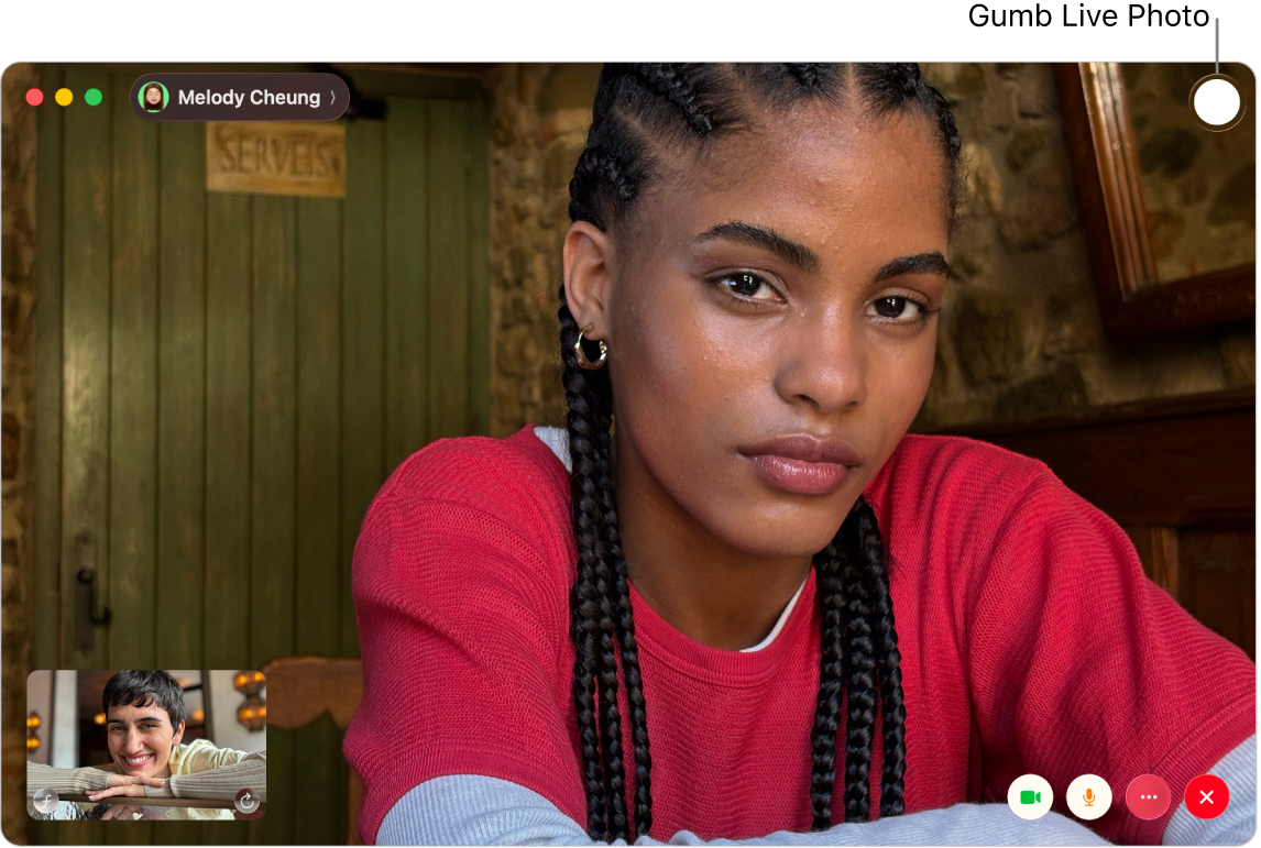 Okno aplikacije FaceTime, ki prikazuje videoklic ena na ena. V zgornjem desnem kotu okna je gumb Live Photo.