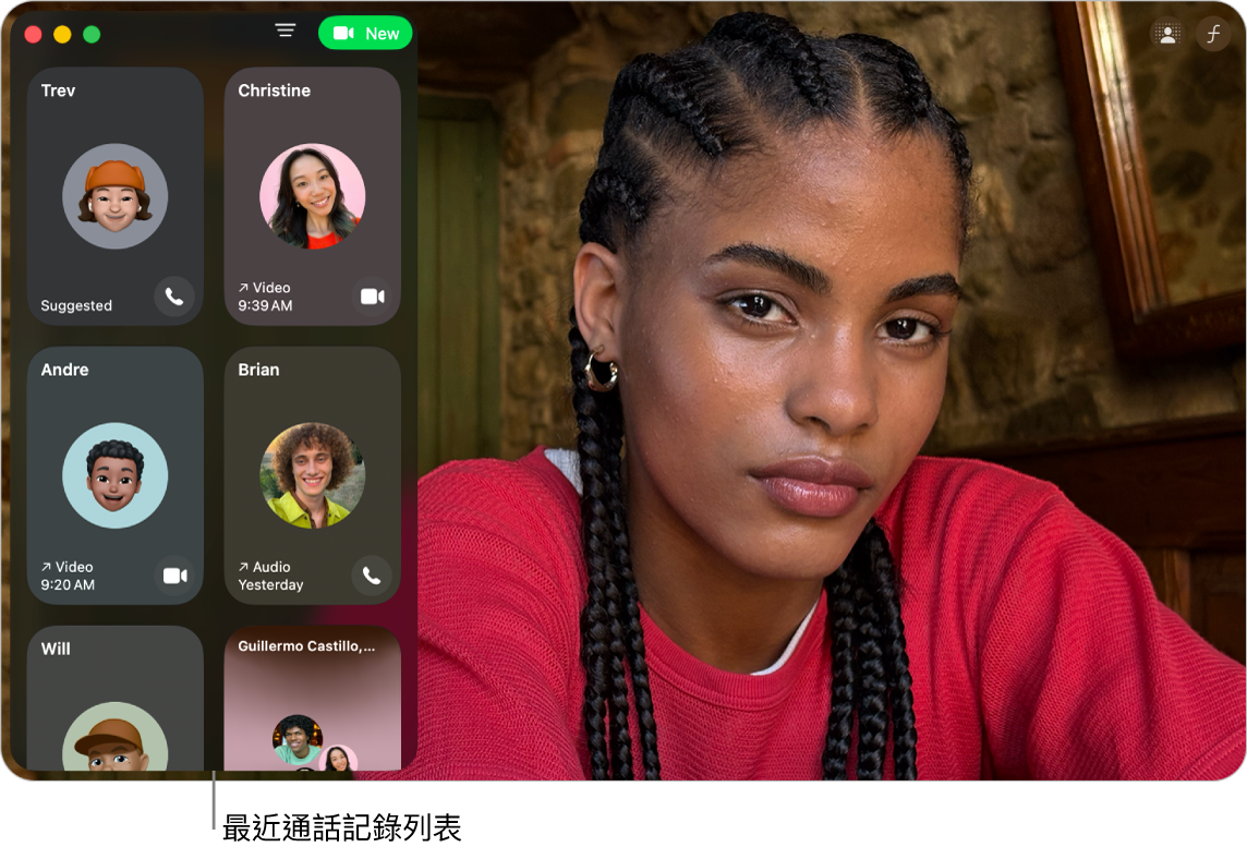 FaceTime 視窗左側顯示最近通話者列表。