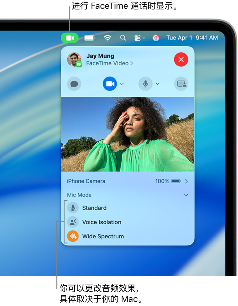 Mac 屏幕右上角的控制中心,显示“视频”按钮(在 FaceTime 通话期间显示)和“麦克风模式”选项(可更改音频效果,具体取决于你的 Mac)。