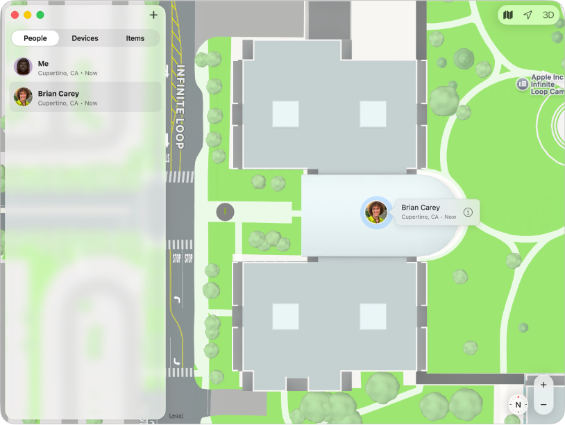 La app Encontrar mostrando una lista de amigos en la barra lateral y sus ubicaciones en un mapa.