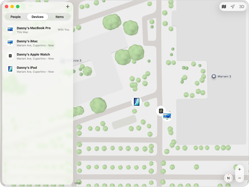 L’app Localiser affichant une liste d’appareils dans la barre latérale et leur position sur un plan.