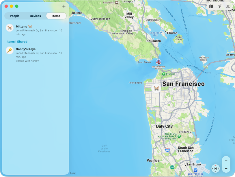 แอป “ค้นหาของฉัน” ที่แสดงรายการสิ่งของในแถบด้านข้างและตำแหน่งที่ตั้งของสิ่งของบนแผนที่