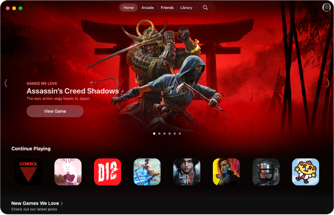 היישום Apple Games עם הכרטיסיה ״עמוד הבית״. המסך מציג גרפיקה שיווקית של המשחק Assassin’s Creed Shadows עם המקטע ״להמשיך במשחק״.