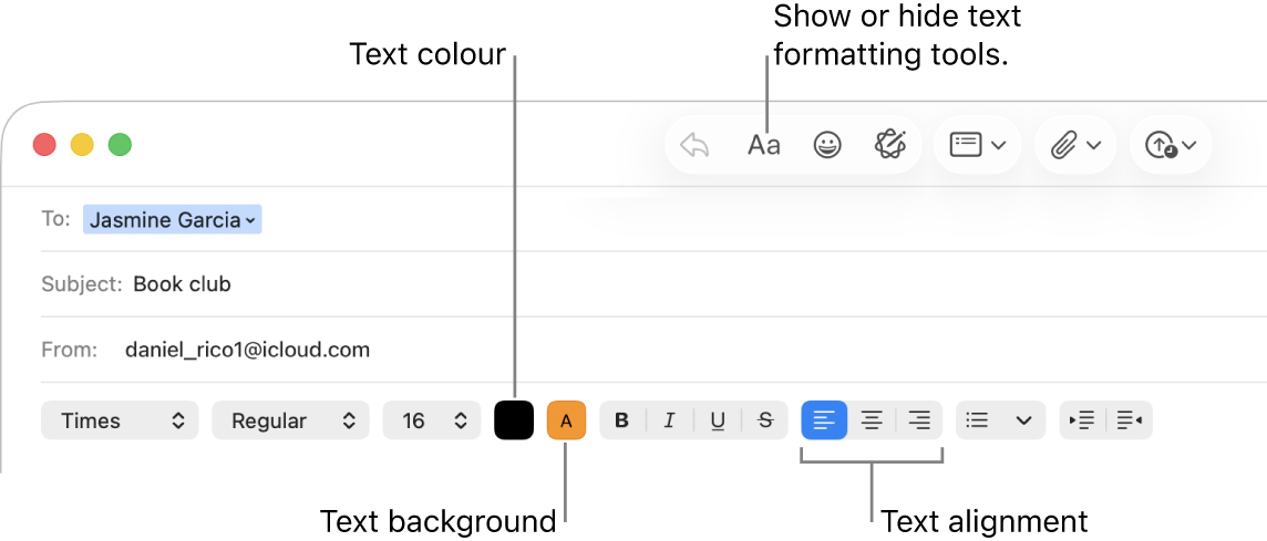 The toolbar and formatting options in a new message window indicating the text colour, text background colour and text alignment buttons.