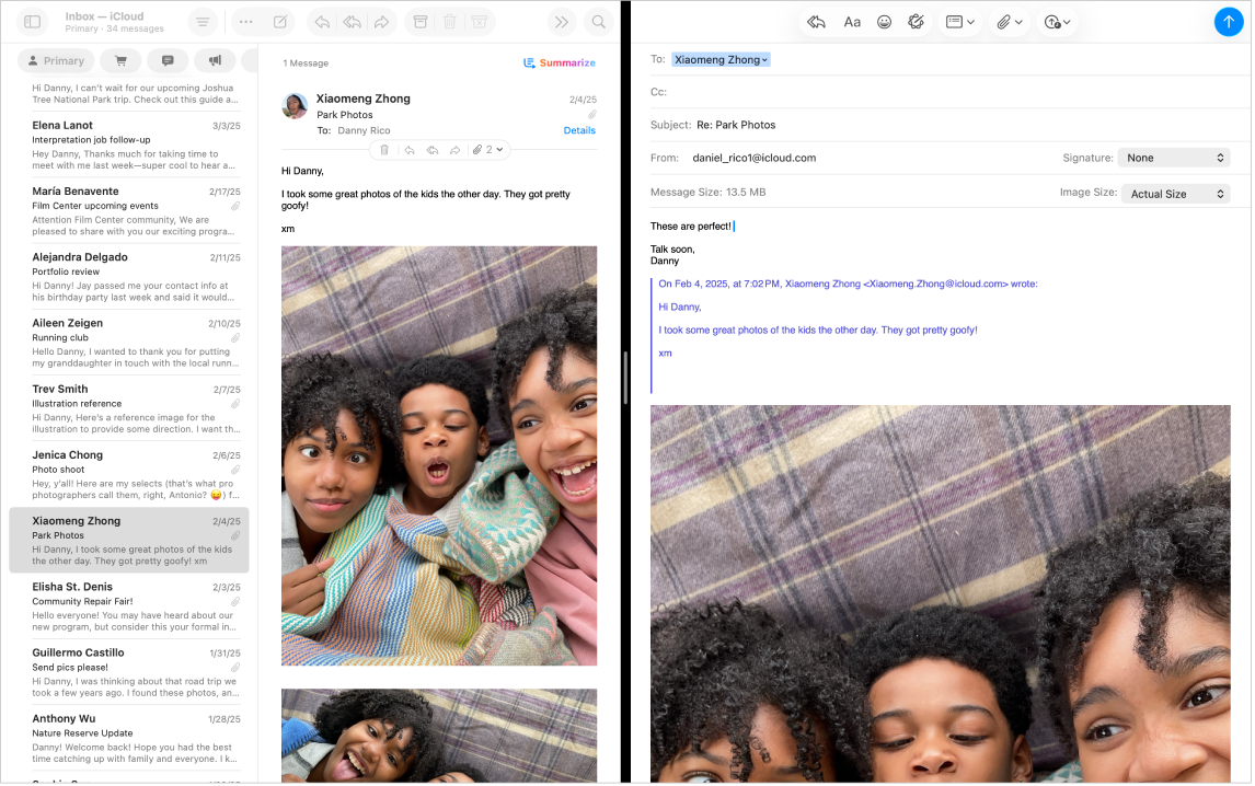 The message list side by side with a compose window in Split View.