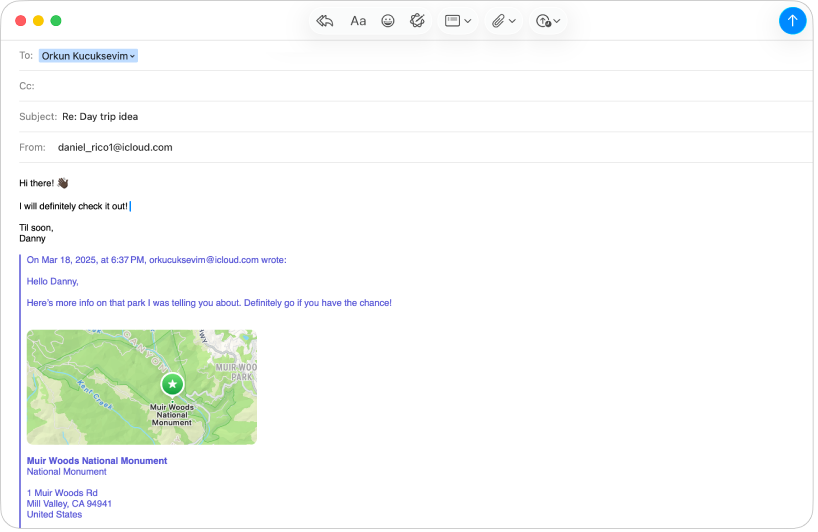 Una ventana de Mail con una respuesta a un mensaje.
