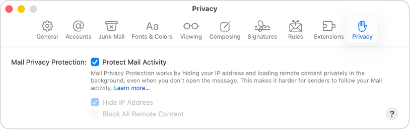 Mail-asetusten Yksityisyys-osio.
