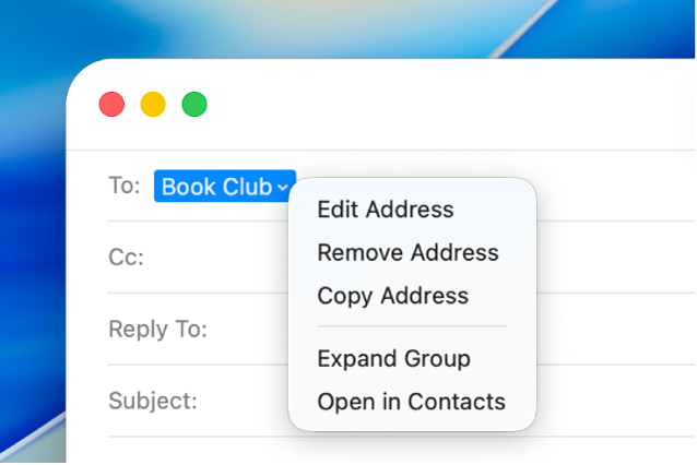 Un e-mail affichant une liste dans le champ À et le menu local affichant la commande « Étendre le groupe ».
