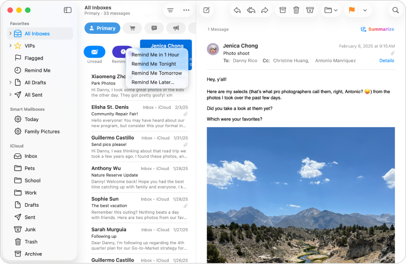 अलग-अलग रिमाइंडर विकल्प दिखाने वाली एक मेल विंडो।