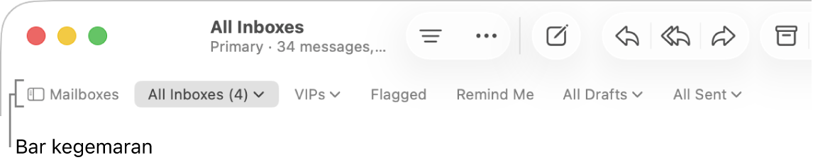 Bar Kegemaran menunjukkan butang Peti Mel dan butang untuk mengakses peti mel kegemaran, seperti VIP dan Dibendera.