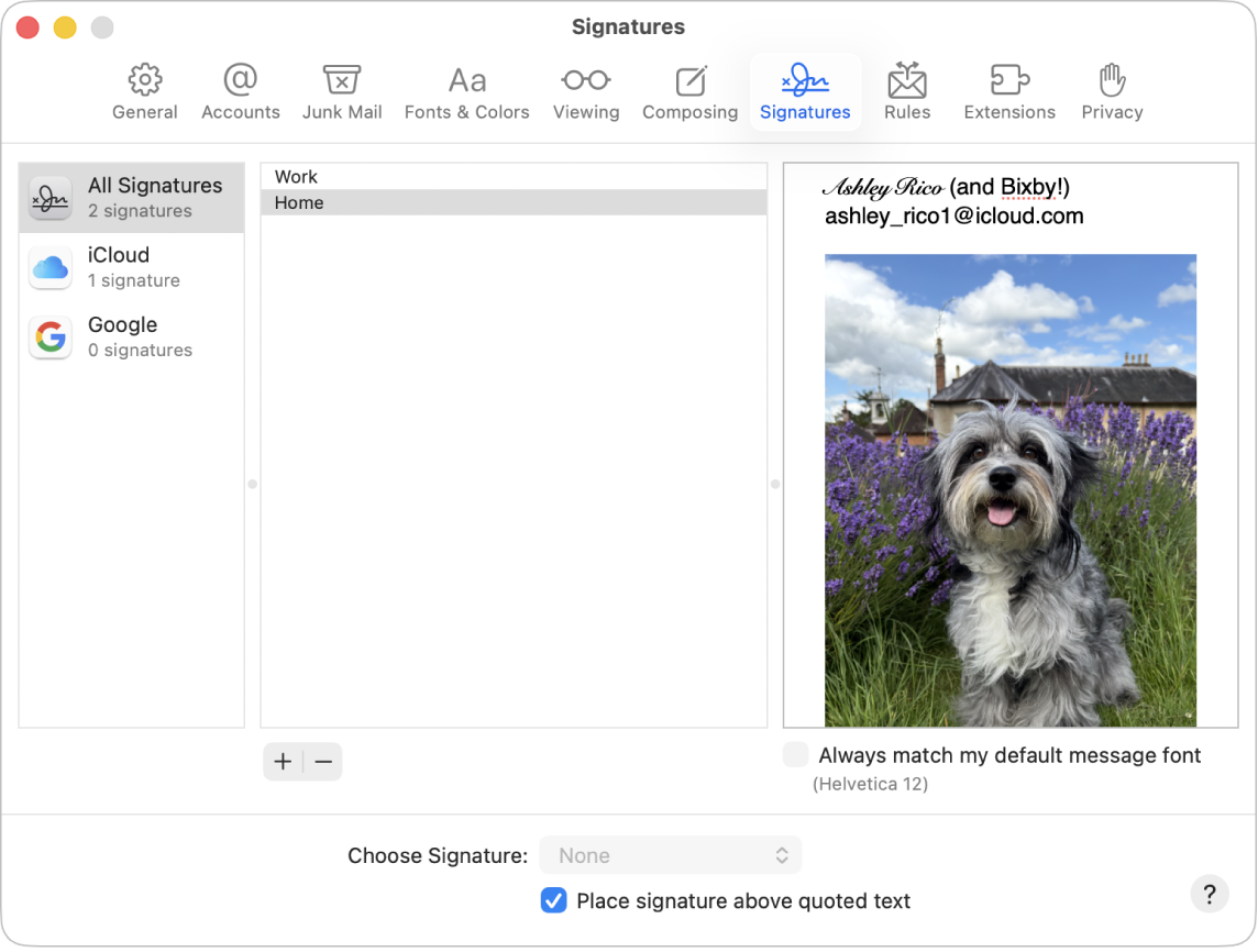 Panel Podpisy w ustawieniach aplikacji Poczta, zawierający podpis ze sformatowanym tekstem i grafiką.
