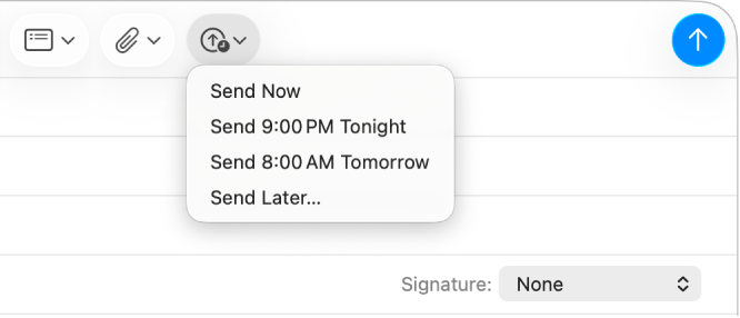 Un meniu în fereastra de mesaj afișând diferite opțiuni pentru trimiterea unui e‑mail: Trimite acum, Trimite la 21:00 în această seară, Trimite la 8:00 mâine dimineață și Trimite mai târziu.
