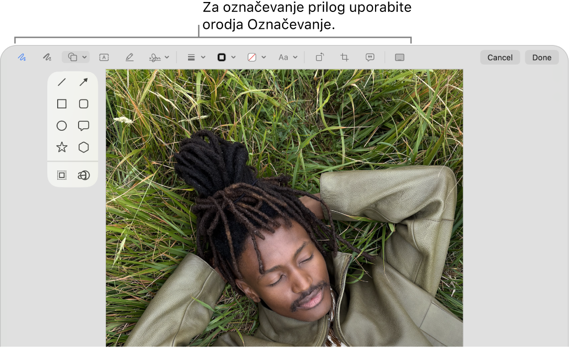 Priloga z orodno vrstico funkcije Označevanje na vrhu.