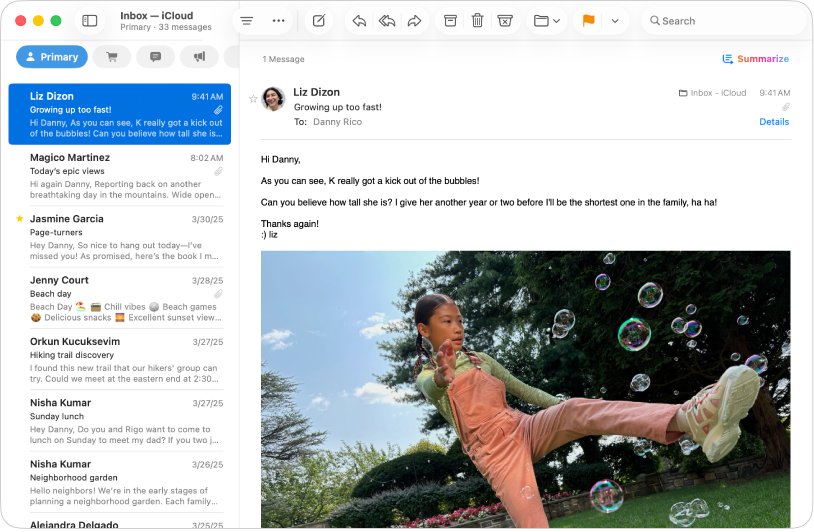 Mail penceresinde Birincil ileti listesinden bir ileti görüntüleniyor.