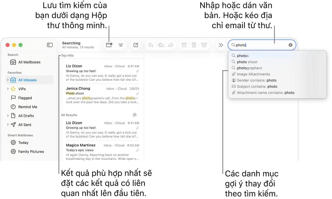 Hộp thư đang được tìm kiếm được tô sáng trong thanh bên. Bạn có thể nhập hoặc dán văn bản vào trường tìm kiếm hoặc kéo địa chỉ email từ thư. Khi bạn nhập, các gợi ý sẽ xuất hiện bên dưới trường tìm kiếm. Các gợi ý này được sắp xếp theo danh mục, chẳng hạn như Chủ đề hoặc Tệp đính kèm, tùy thuộc vào văn bản tìm kiếm của bạn. Kết quả phù hợp nhất sẽ đặt các kết quả có liên quan nhất lên trên đầu.