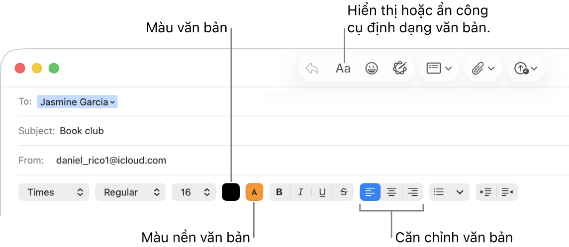 Thanh công cụ và các tùy chọn định dạng trong cửa sổ thư mới biểu thị màu văn bản, màu nền văn bản và các nút căn chỉnh văn bản.