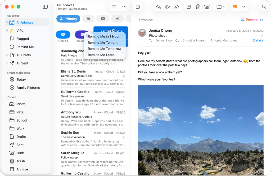 Cửa sổ Mail đang hiển thị nhiều tùy chọn Nhắc tôi.