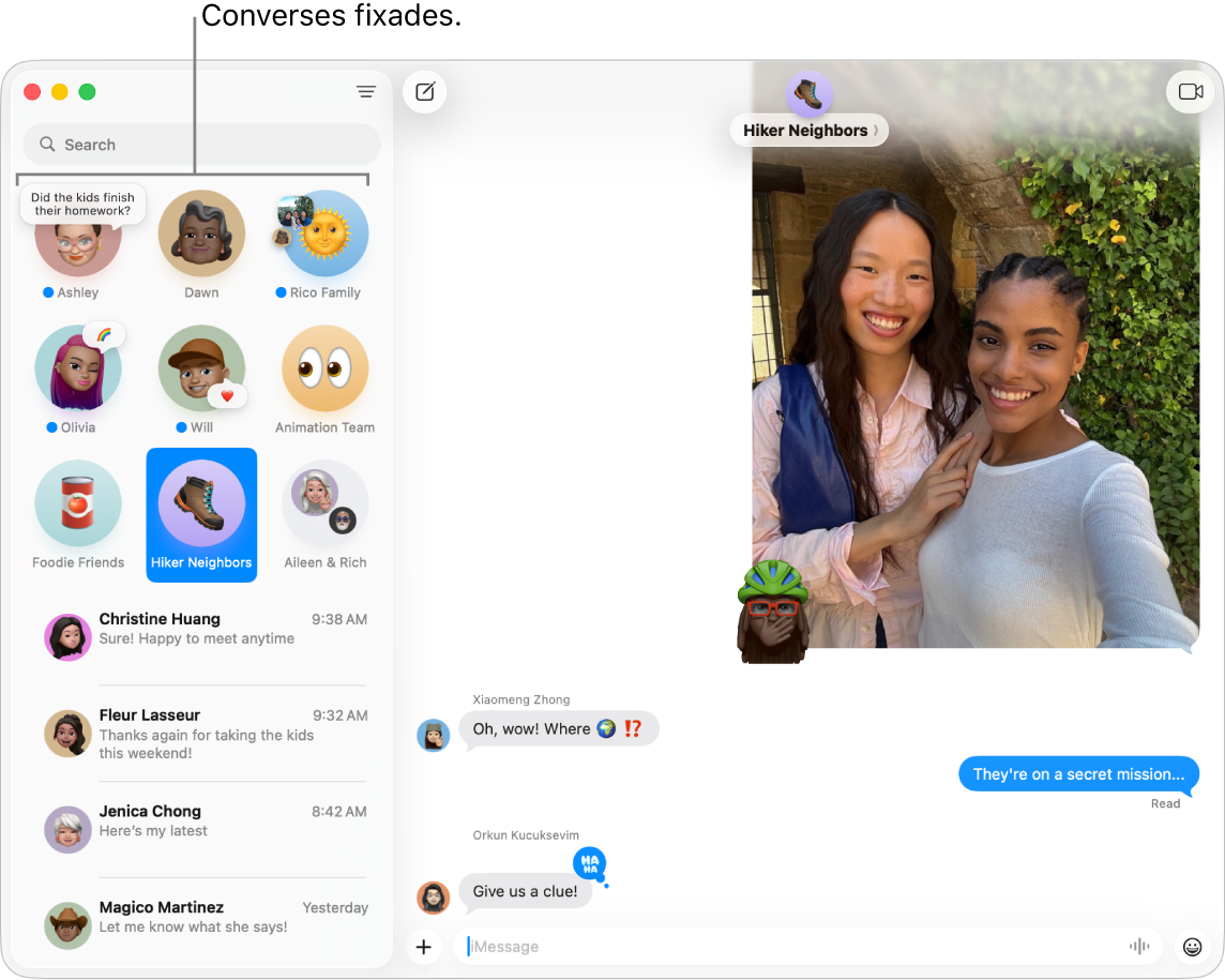 L’app Missatges amb diverses converses fixades a la part esquerra de la finestra.