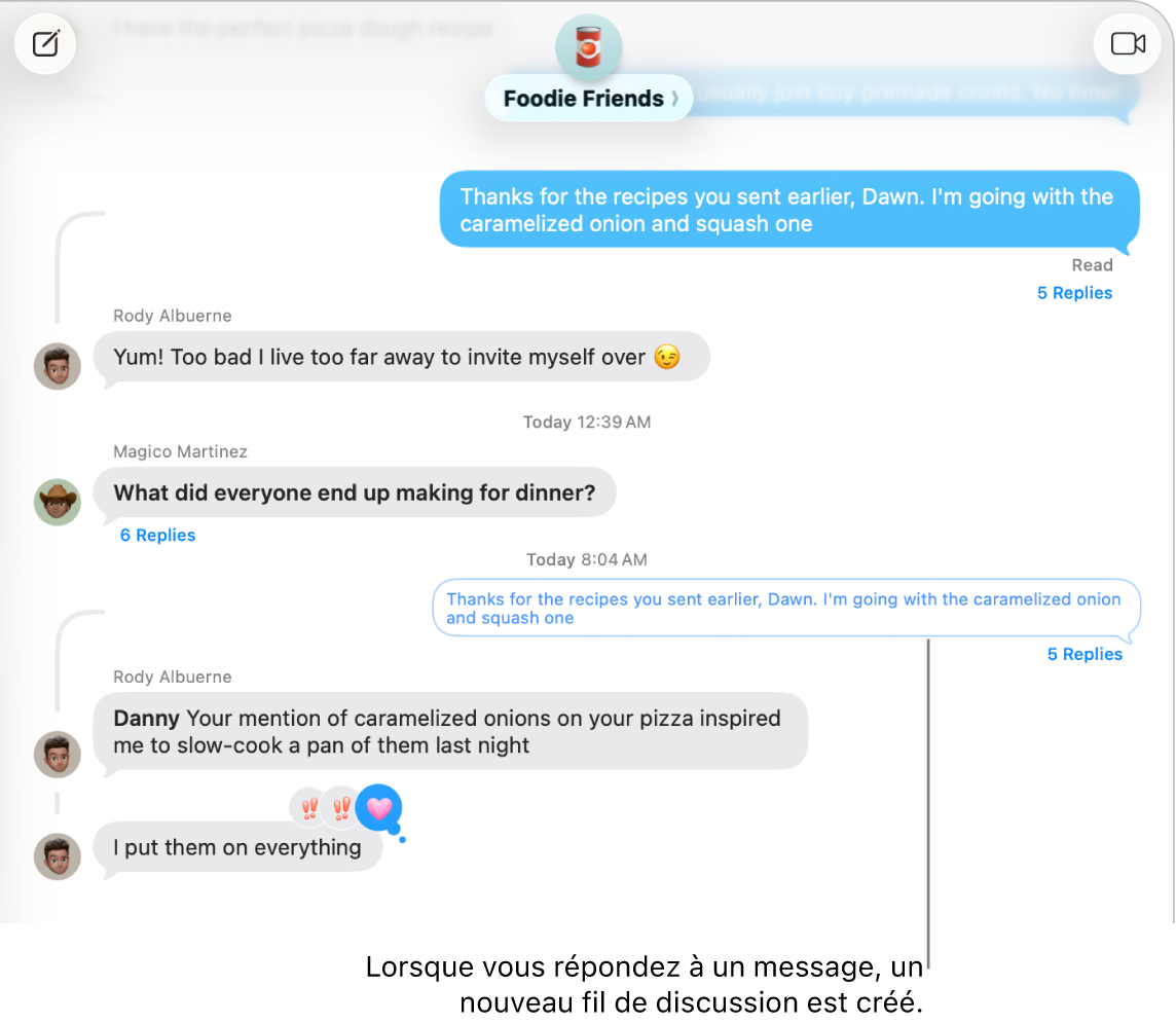 La fenêtre de Messages qui affiche une conversation avec un nouveau fil sous un message donné.