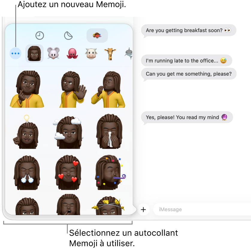 La fenêtre Messages avec plusieurs conversations dans la barre latérale de gauche, ainsi qu’une transcription sur la droite. Lorsque vous choisissez des autocollants Memoji à partir du bouton Apps, vous pouvez choisir d’utiliser un autocollant Memoji ou en créer un nouveau.