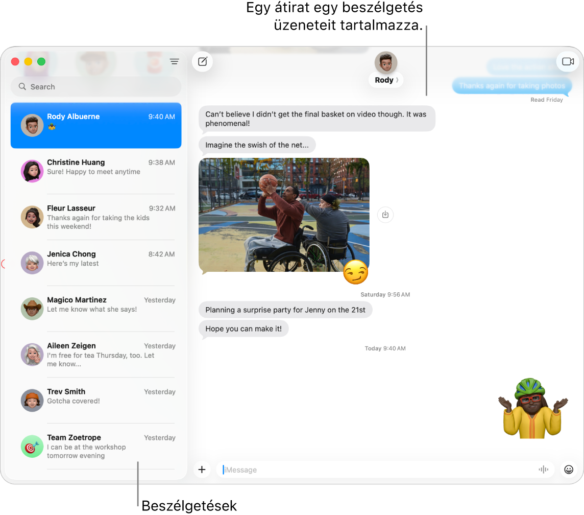 Az Üzenetek ablaka, melyben az oldalsávon a beszélgetések láthatók, illetve az átirat, mely a beszélgetés összes üzenetét tartalmazza.