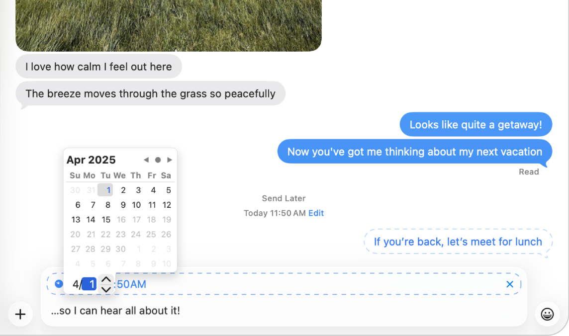 Percakapan Pesan, dengan pesan yang dijadwalkan untuk dikirim nanti di bagian bawah. Garis putus-putus mengelilingi pesan yang dijadwalkan dan tombol di bagian atas bidang teks menampilkan waktu terjadwal dari pesan.