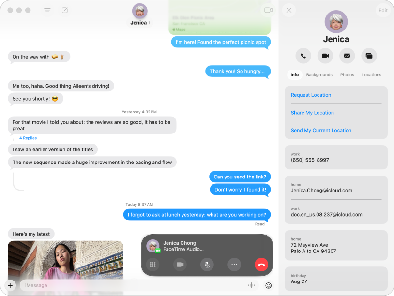 チャットの上部にある連絡先またはグループのアイコンをクリックすると表示される「情報」表示。人の名前の下に、通話、ビデオ、画面共有のボタンが表示されています。