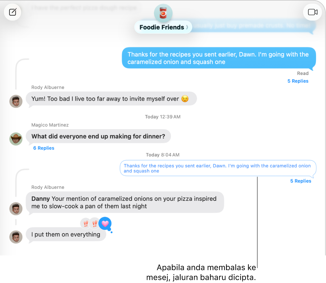 Tetingkap Mesej menunjukkan perbualan dengan jaluran baharu di bawah mesej tertentu.