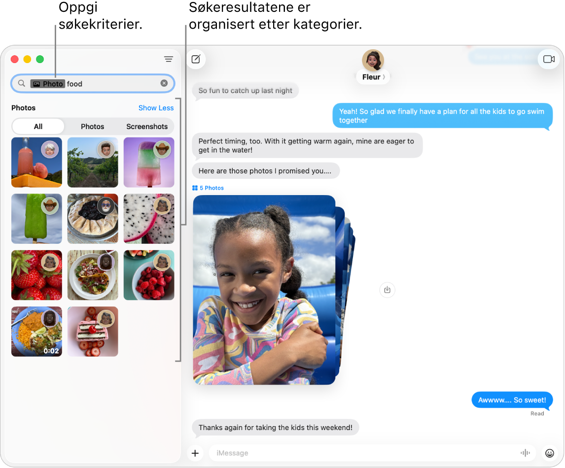 Meldinger-vinduet, med søkekriterier skrevet inn i søkefeltet oppe i venstre hjørne. Under vises søkeresultatene organisert etter kategorier som Samtaler, Meldinger og Bilder.