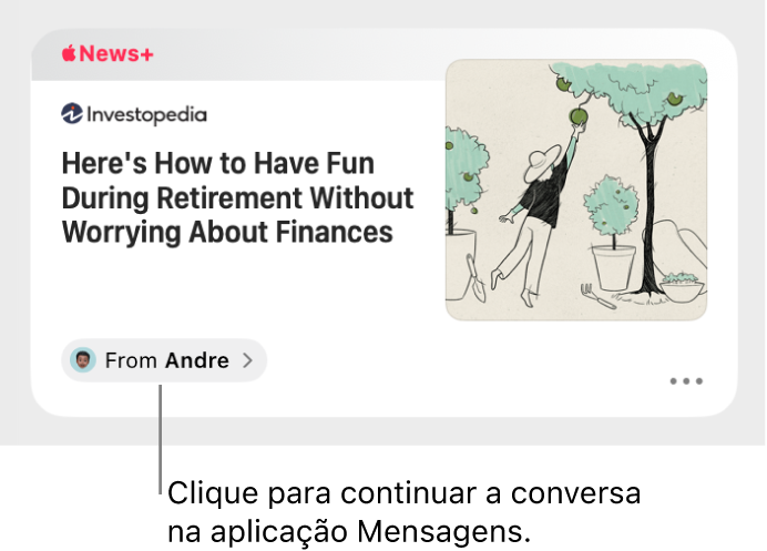 Um artigo de notícias na aplicação News. Clique na etiqueta “De” para enviar uma resposta na aplicação Mensagens.