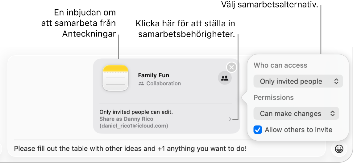 En närbild av textmeddelandefältet i nederkanten av Meddelanden-konversationen. Det finns en inbjudan om att samarbeta på en anteckning. Du kan ställa in samarbetsbehörigheter på högra sidan av inbjudan.