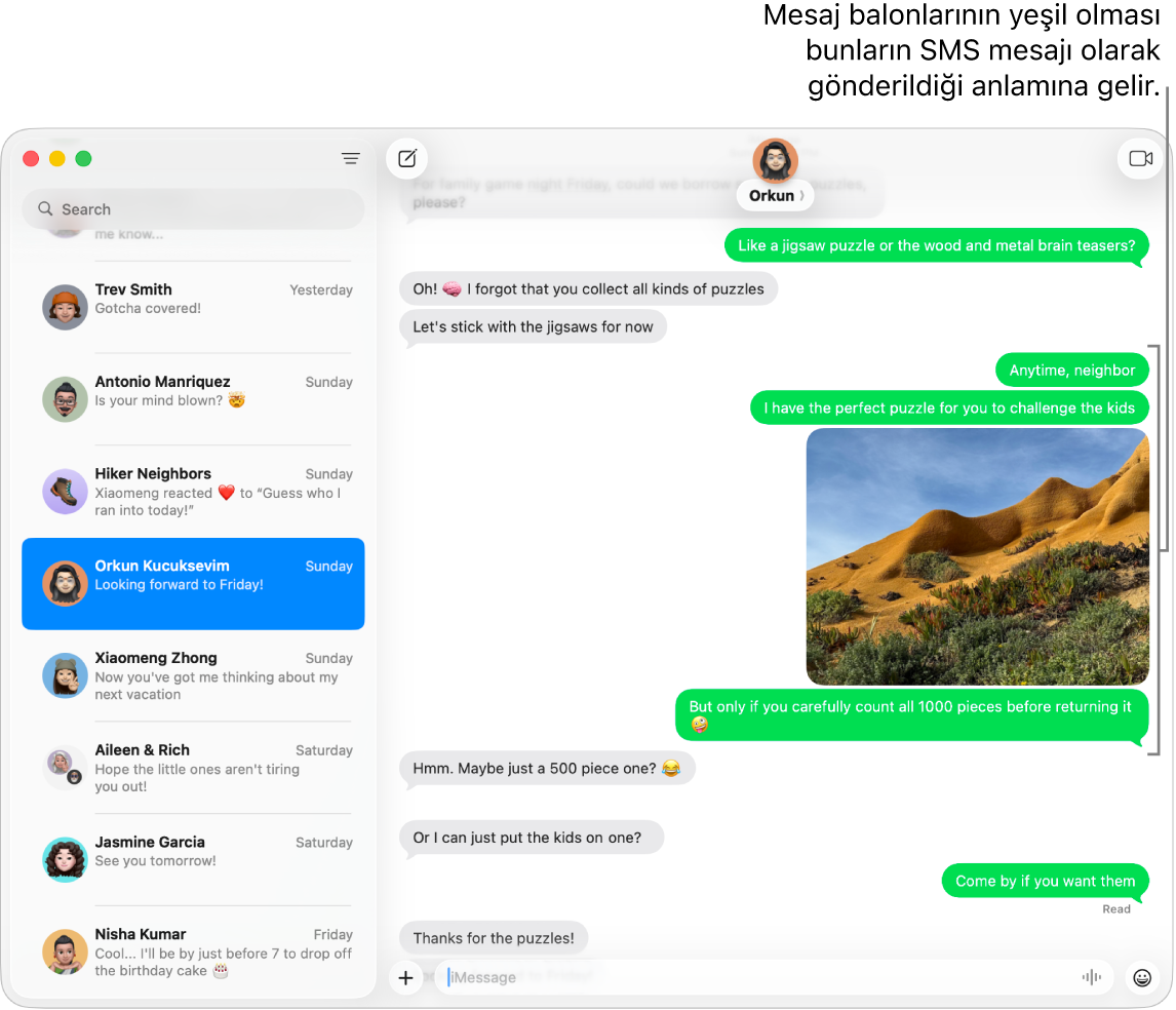 Soldaki kenar çubuğunda çeşitli yazışmaların listelendiği Mesajlar penceresi ve sağda görüntülenen bir sohbet dökümü. Mesaj balonları yeşil renktedir, bu da SMS, MMS veya RCS mesajı olarak gönderildiklerini gösterir.