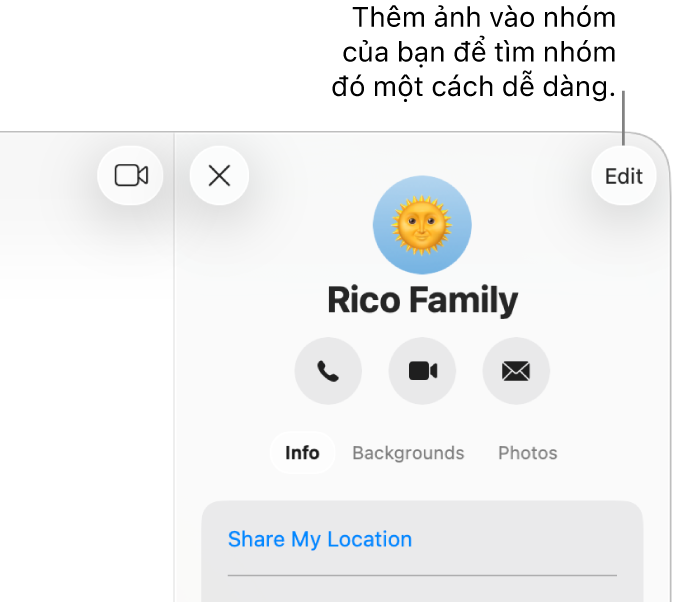 Chế độ xem Thông tin của một cuộc hội thoại nhóm, xuất hiện sau khi bạn bấm vào biểu tượng liên hệ hoặc nhóm ở đầu cuộc hội thoại, đang hiển thị các biểu tượng của các thành viên trong nhóm và tên nhóm. Bên dưới tên nhóm là các nút để thực hiện cuộc gọi FaceTime video hoặc âm thanh, cũng như để gửi email cho nhóm. Bên dưới đó là nút để thay đổi tên và ảnh nhóm.
