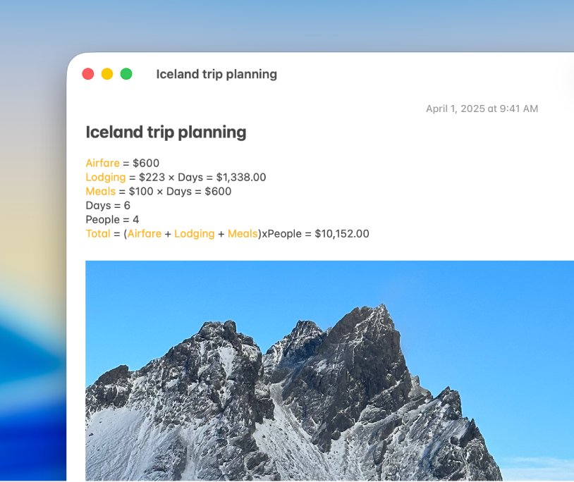 نافذة في تطبيق الملاحظات على Mac تم اقتصاصها تعرض نفقات متنوعة، من بينها تذاكر الطيران والإقامة والوجبات والأيام والأشخاص. تقوم الملاحظة بحل مسائل الجمع والضرب المضمنة تلقائيًا.