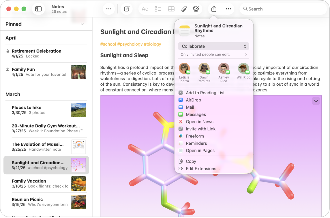 Okno aplikace Poznámky na Macu s seznamem poznámek a nabídkou Sdílet pro otevřenou poznámku. Mezi navrhovanými příjemci nahoře v místní nabídce Sdílet jsou zobrazeni členové rodiny a přátelé. Níže jsou shora dolů uvedeny různé volby sdílení: Přidat do seznamu četby, AirDrop, Mail, Zprávy, Otevřít v News, Pozvat přes odkaz, Freeform, Připomínky a Otevřít v Pages. K dispozici je také volba pro zkopírování poznámky nebo pro úpravy rozšíření.