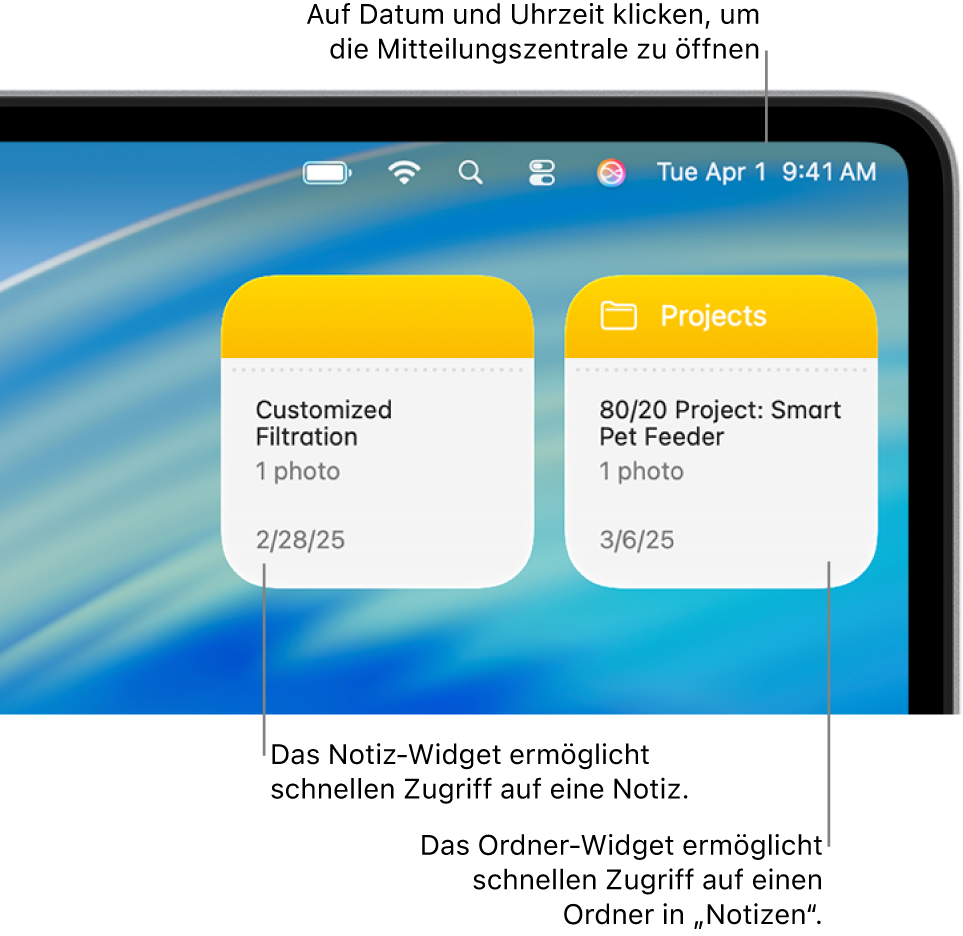 Zwei „Notizen“-Widgets. Das Widget „Ordner“ zeigt einen Ordner in der App „Notizen“ und das Widget „Notizen“ zeigt eine Notiz. Klicke in der Menüleiste auf Datum und Uhrzeit, um die Mitteilungszentrale zu öffnen.