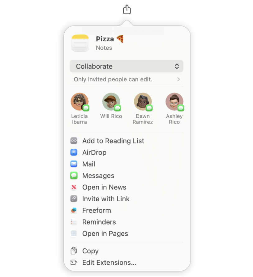 Se muestra un acercamiento del menú Compartir de la app Notas en la Mac. El usuario está seleccionando a una persona para colaborar en una nota llamada Pizza. Los destinatarios sugeridos incluyen amistades y familiares y se muestran en la parte superior. Las opciones para compartir incluyen, de arriba abajo, Agregar a lecturas, AirDrop, Mail, Mensajes, Abrir en News, Invitar con enlace, Freeform, Recordatorios y Abrir en Pages. También hay una opción para copiar la nota o editar las extensiones.