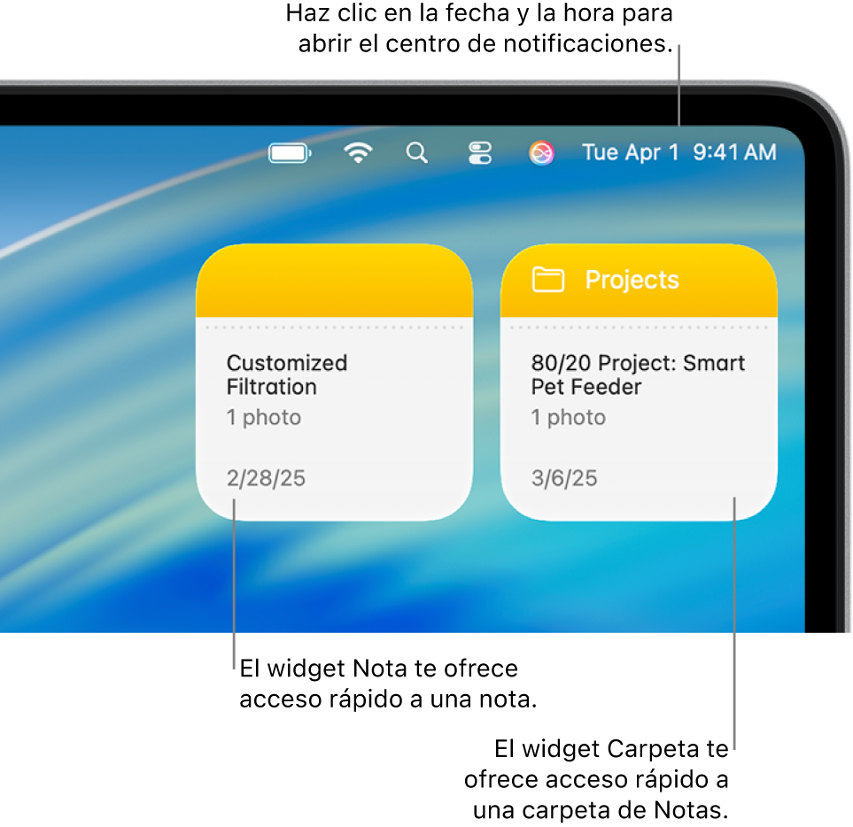Dos widgets de Notas: el widget Carpeta muestra una carpeta en Notas y el widget Nota muestra una nota. Haz clic en la fecha y la hora de la barra de menús para abrir el centro de notificaciones.