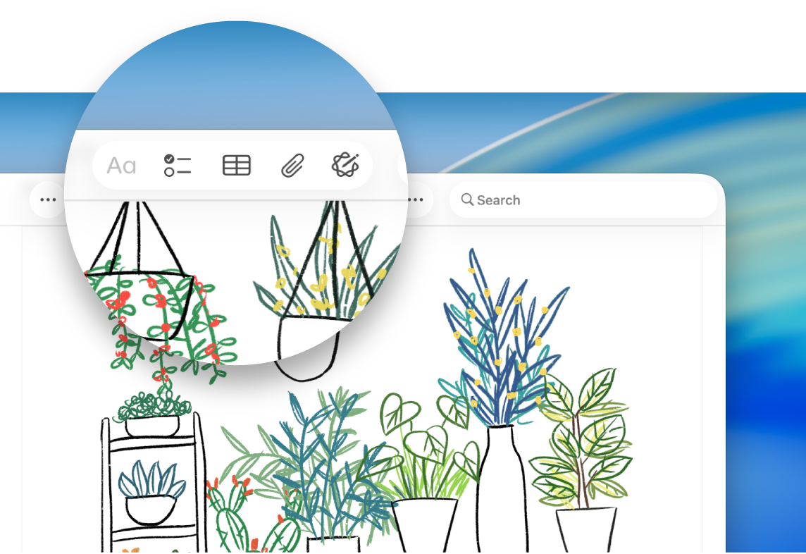 חלון של היישום “פתקים” ב-Mac שרואים בו מבט מקרוב על סרגל הכלים של “פתקים”, ובייחוד על הכפתורים “עיצוב מלל”, “יצירת רשימה לביצוע”, “הוספת טבלה”, “הוספת מדיה” ו״כלי כתיבה״.