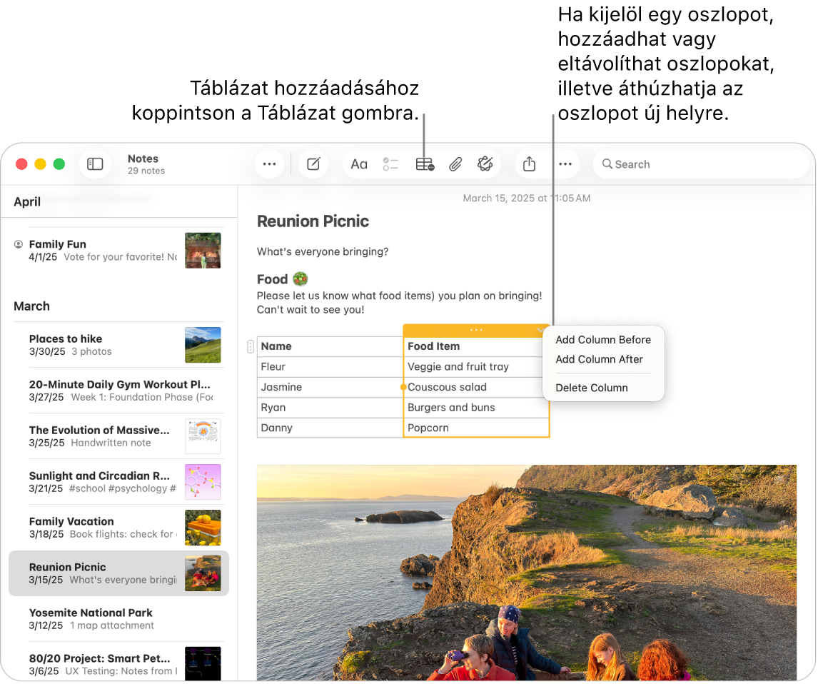A Jegyzetek ablak a Táblázat gombbal - kattintással hozzáadhat egy táblázatot. A jegyzet tartalmában egy táblaoszlop került kijelölésre, így hozzáadhat vagy eltávolíthat oszlopokat, valamint új helyre is húzhatja őket.