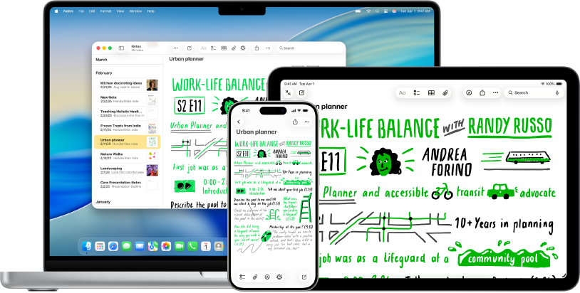 Ugyanez a jegyzet a Jegyzetek appban Macen, iPhone-on és iPaden. Balra a Macen a Jegyzetek appban egy Jegyzetek ablak látható több jegyzettel a felhasználó iCloud-fiókjában. A felhasználó jelenleg a „Várostervező” című jegyzetet nézi. Jobbra ugyanez a jegyzet látható egy iPhone-on és iPaden. A jegyzet tartalmaz rajzokat.