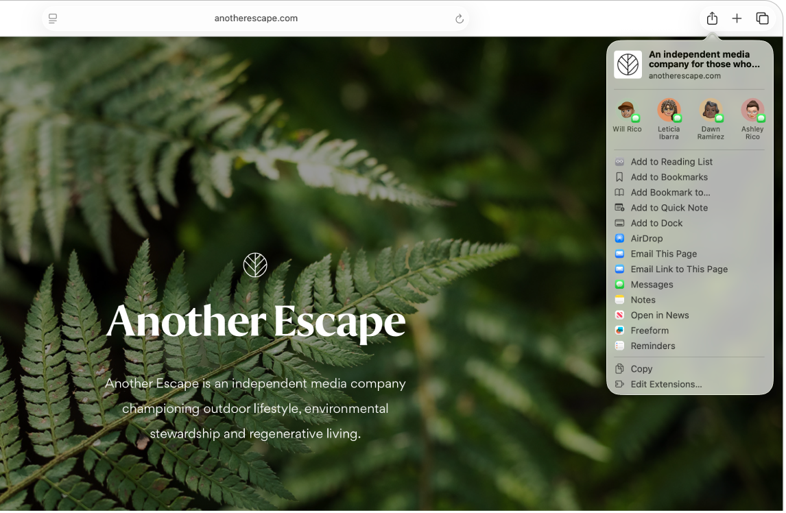 Una finestra di Safari mostra una pagina web con il menu Condividi aperto con varie opzioni di condivisione, tra cui “Aggiungi a nota rapida”.