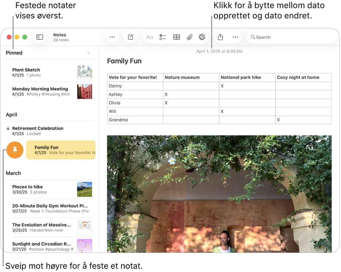 Et Notater-vindu på Mac med notatlisten til venstre, festede notater øverst i notatlisten, og Nål-knappen på ett notat. Innholdet til det notatet vises til høyre med datoen øverst. Klikk på datoen for å bytte mellom dato opprettet og dato redigert.