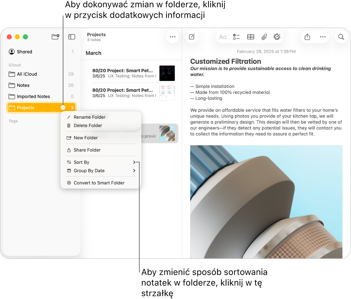 Okno aplikacji Notatki na Macu, zawierające na pasku bocznym jeden folder, obok nazwy którego widoczny jest przycisk Więcej, pozwalający na zmienianie ustawień folderu. Otwarte jest menu podręczne zawierające listę opcji, w tym opcja Sortuj wg, która zmienia ułożenie notatek. Kliknij w strzałkę, aby wybrać inny porządek sortowania.