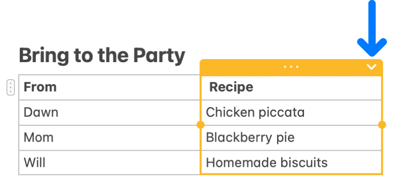 Uma tabela mostrando a seta para baixo para a coluna — clique nela para adicionar ou apagar uma coluna.