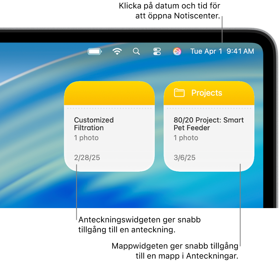 Två anteckningswidgetar: mappwidgeten visar en mapp i Anteckningar och anteckningswidgeten visar en anteckning. Öppna Notiscenter genom att klicka på datum och tid i menyraden.