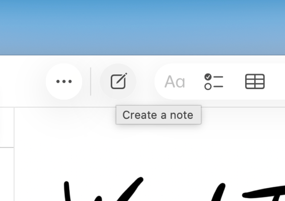 Ett beskuret fönster i appen Anteckningar på Mac visar en anteckning och knappen Skapa en anteckning i verktygsfältet.
