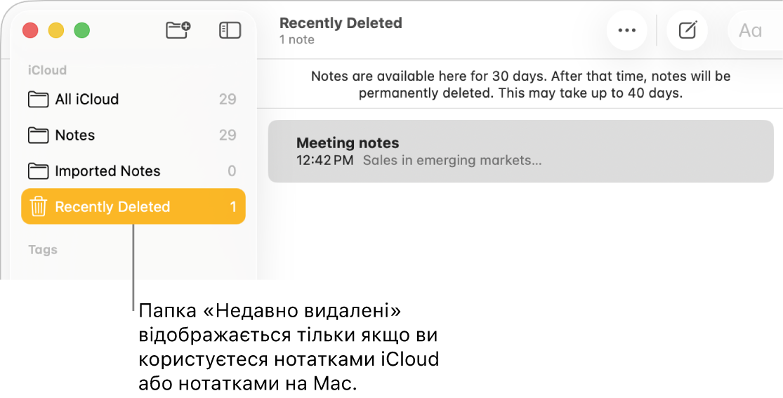 Вікно Нотаток з папкою «Недавно видалені» на боковій панелі та з недавно видаленою нотаткою. Папка «Недавно видалені» відображається лише якщо ви використовуєте оновлені нотатки iCloud або нотатки на компʼютері Mac.