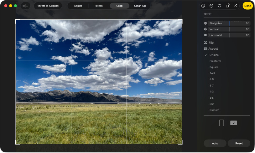 صورة في عرض التعديل، مع تحديد خيار "اقتصاص" في شريط الأدوات وأدوات الاقتصاص والتسوية على اليسار.